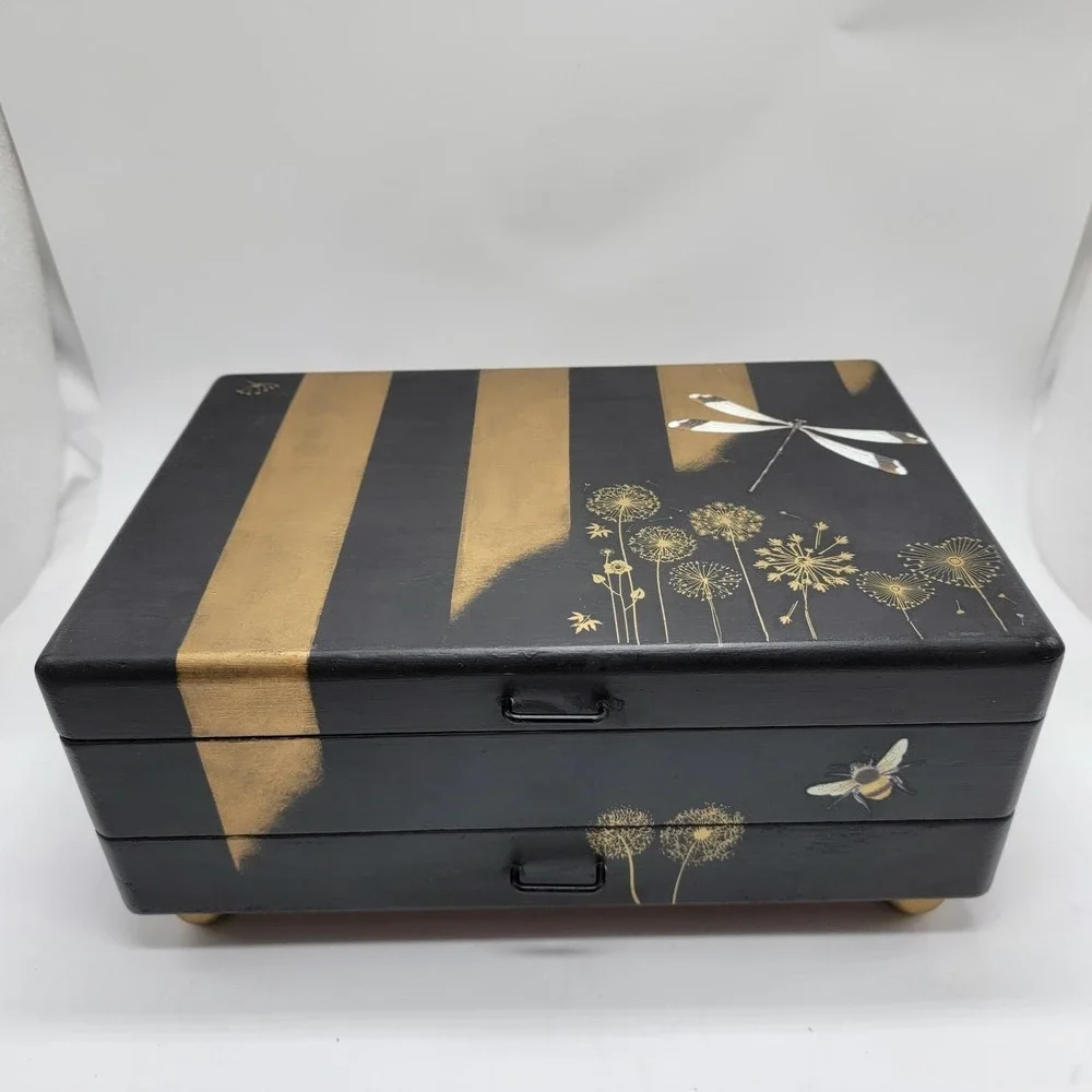 Vtg Wooden Jewelry Box Custom Hand Painted Black Gold Dragonfly Peacock